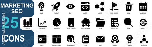 marketing and SEO Icon set.contains cloud server,data,check list,magnifying glass,target,website,page,safe internet.black solid style icon.vector good for website and apk