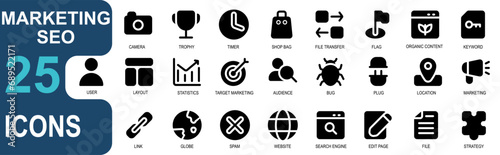 marketing and SEO Icon set.contains .black solid style icon file transfer,flag,tag,organic content,keyword,user,person,layout,landing page.vector good for website and apk photo