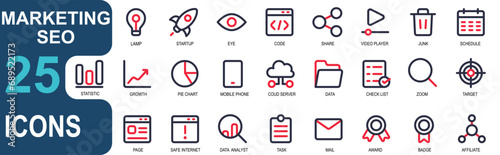 marketing SEO icon set. data analyst,email,award,badge,affiliate.color line icon set.good vector for web and app