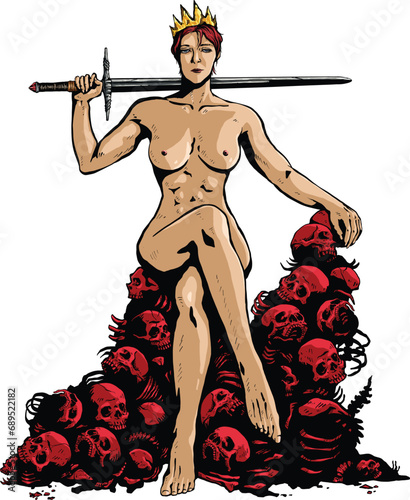 Queen slayer with sword and her skeletons throne colorful