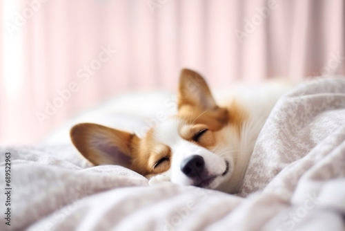 cute dog corgi lies on bed under blanket, corgi is covered in bedspread in the morning, copy space. Happy pembroke welsh corgi dog lies under white blanket at home