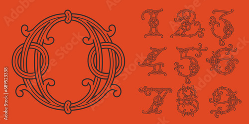 0 to 9 logos. Celtic numbers monograms set. Insular style initial with knots and interwoven cords. British, or Irish overlapping monogram.