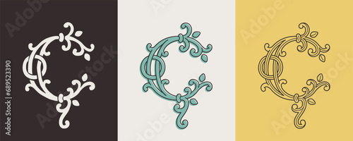 Celtic C monograms set. Insular style initial with authentic knots and interwoven cords. British, Irish, or Saxons overlapping monogram.