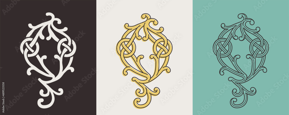 Fototapeta premium Celtic Q monograms set. Insular style initial with authentic knots and interwoven cords. British, Irish, or Saxons overlapping monogram.