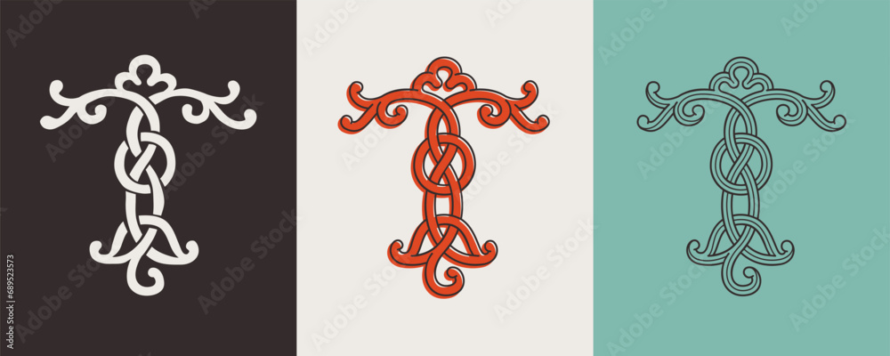 Celtic T monograms set. Insular style initial with authentic knots and interwoven cords. British, Irish, or Saxons overlapping monogram. Celtic T monograms set. Insular style initial with authentic knots and interwoven cords. British, Irish, or Saxons overlapping monogram.