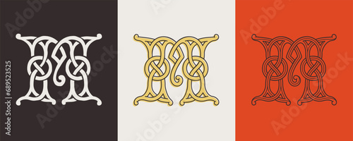 Celtic M monograms set. Insular style initial with authentic knots and interwoven cords. British, Irish, or Saxons overlapping monogram. photo