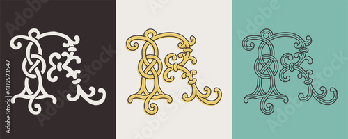 Celtic R monograms set. Insular style initial with authentic knots and interwoven cords. British, Irish, or Saxons overlapping monogram.