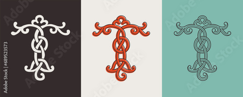Celtic T monograms set. Insular style initial with authentic knots and interwoven cords. British, Irish, or Saxons overlapping monogram.