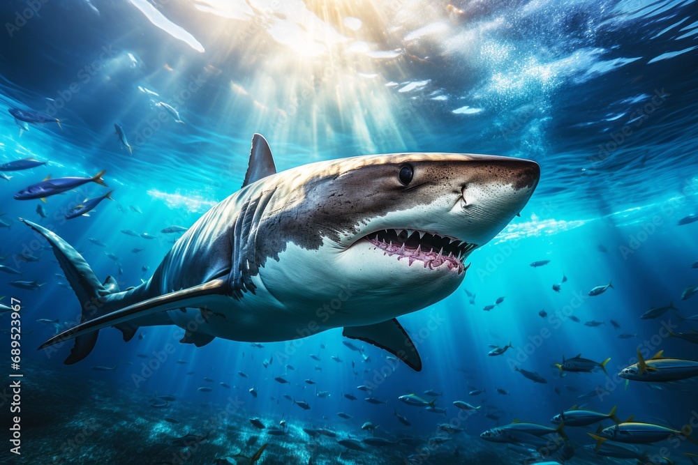 Great white shark in a stunning underwater of open ocean. The enigmatic beauty of oceanic life. Natural background with beautiful lighting
