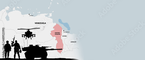 Venezuela and Guyana conflict. Disputed territory. Template for news. 3d illustration.