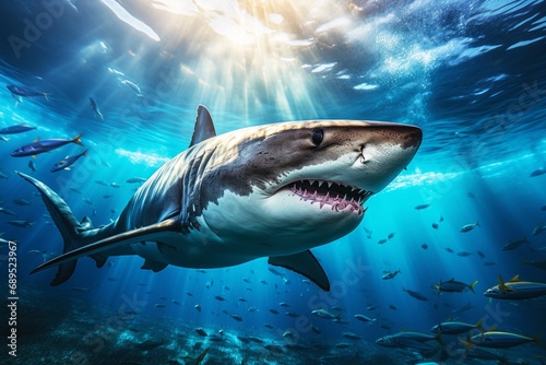 Great white shark in a stunning underwater of open ocean. The enigmatic beauty of oceanic life. Natural background with beautiful lighting
 photo