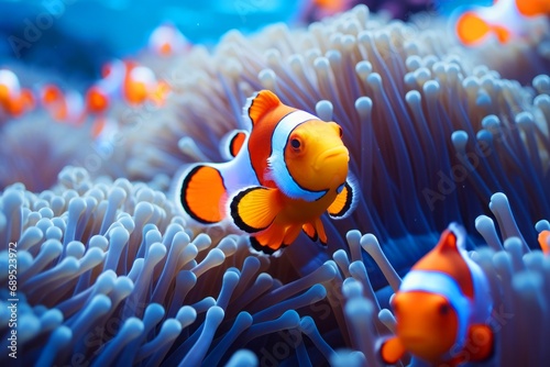 Clownfish and anemone in a stunning underwater of open ocean. The enigmatic beauty of oceanic life. Natural background with beautiful lighting 