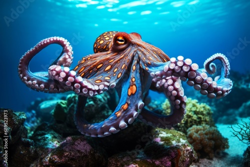 Big Octopus in a stunning underwater of open ocean. The enigmatic beauty of oceanic life. Natural background with beautiful lighting 