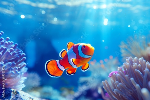 Clownfish and anemone in a stunning underwater of open ocean. The enigmatic beauty of oceanic life. Natural background with beautiful lighting  © thanakrit