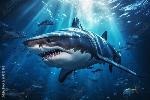 Great white shark in a stunning underwater of open ocean. The enigmatic beauty of oceanic life. Natural background with beautiful lighting 