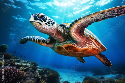 Sea turtle in a stunning underwater of open ocean. The enigmatic beauty of oceanic life. Natural background with beautiful lighting  © thanakrit