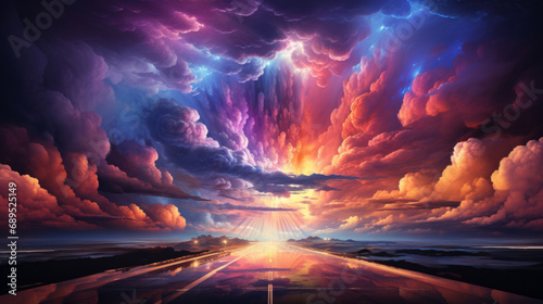 Dreamy clouds, rainbow hues and artistic expression in abstract art. Colorful, whimsical and creative cloudscape for design, graphic display, and imaginative inspiration. © Joel/Peopleimages - AI