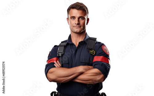 Well Suited Fireman Posing with Crossed Isolated on Transparent Background PNG photo