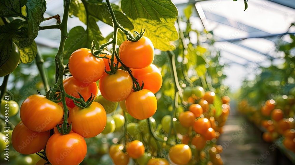 Greenhouse orange tomatoes. Generative AI