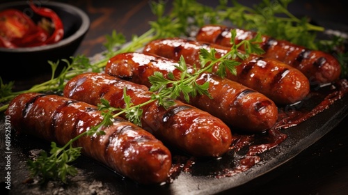 Grilled sausages with herbs. Generative AI