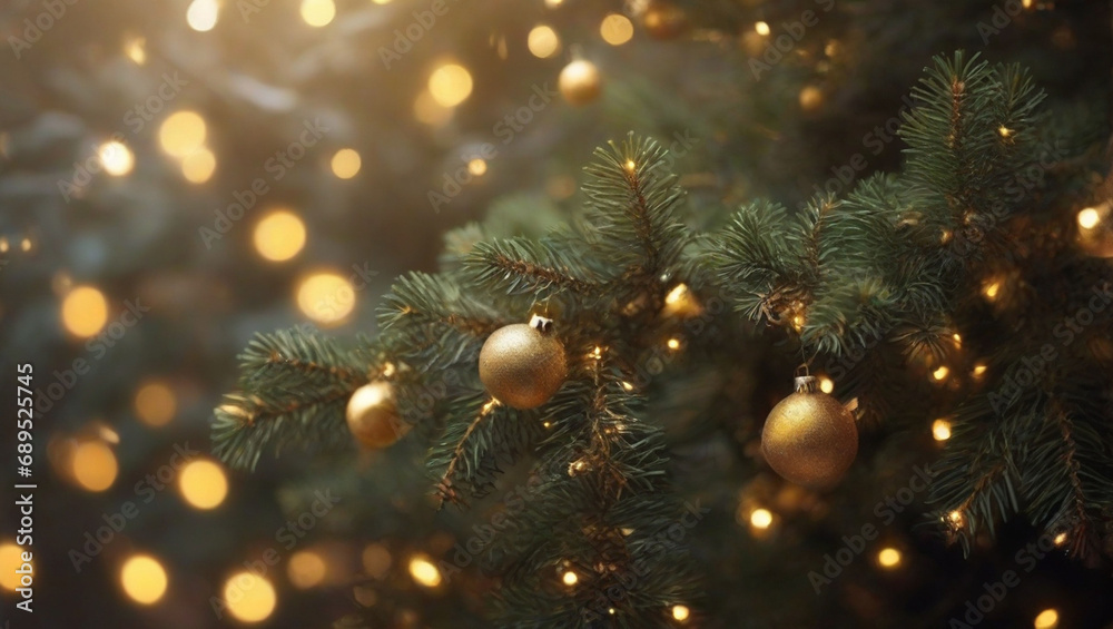 Obraz premium Coniferous branches and blurry shiny golden lights in christmas and new year atmosphere