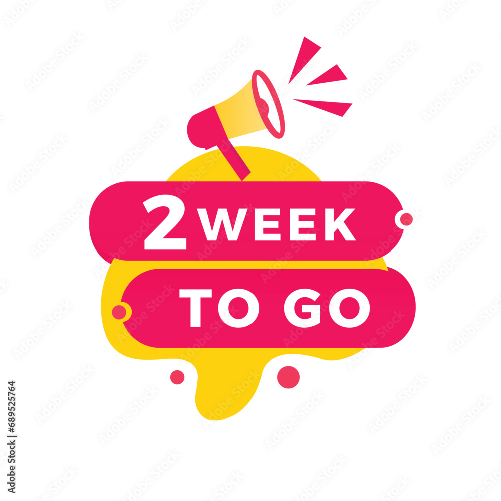 2 week to go banner, label with megaphone icon. count time sale or promo design for websites, landing page or advertising. Flat Vector template isolated on white background.