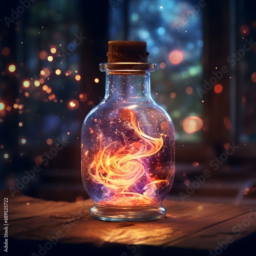 Candle light inside a glass jar with tree inside in the forest. Magic bottle with magic fire flame inside. Christmas background.