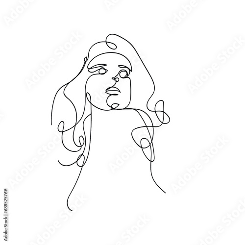 Continuous one single abstract line drawing of woman face on white background.