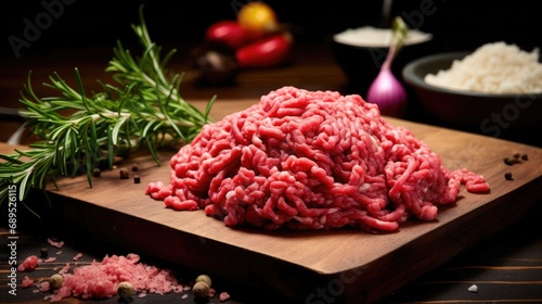 Raw minced beef, cutting board. Generative AI