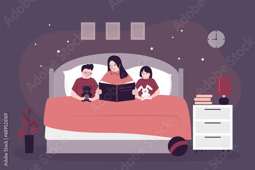 Mother with son and daughter, family time. Mom reading bedtime fairytale story book to little kids in bed for good night sleep. Happy family, motherhood.