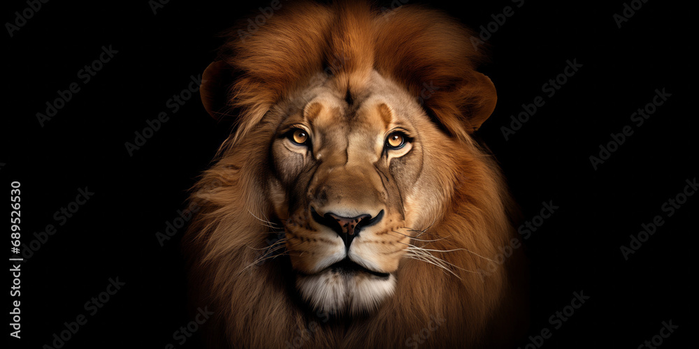 The Regal Gaze. A Majestic Lion's Close-Up on a Dramatic Black Canvas