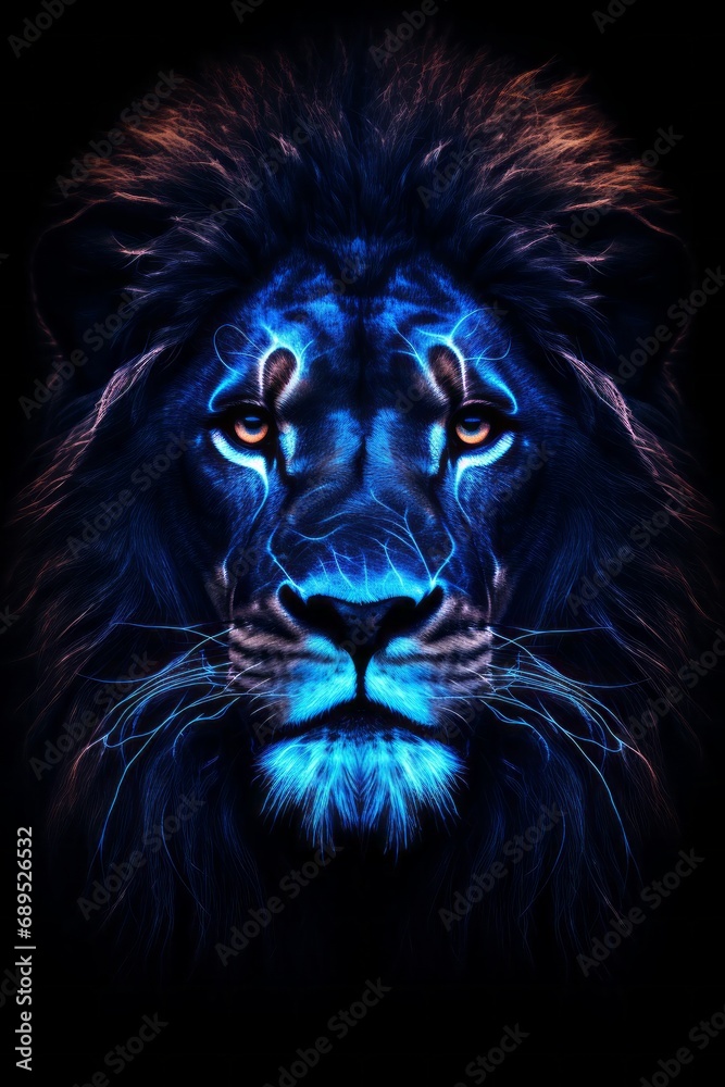 The Majestic King. A Fierce Lion with Piercing Blue Eyes, Surrounded by Darkness