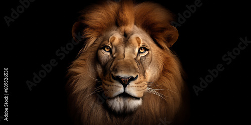 The Regal Gaze. A Majestic Lion s Close-Up on a Dramatic Black Canvas