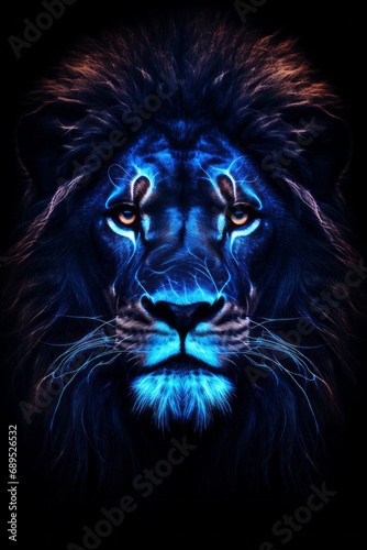The Majestic King. A Fierce Lion with Piercing Blue Eyes  Surrounded by Darkness