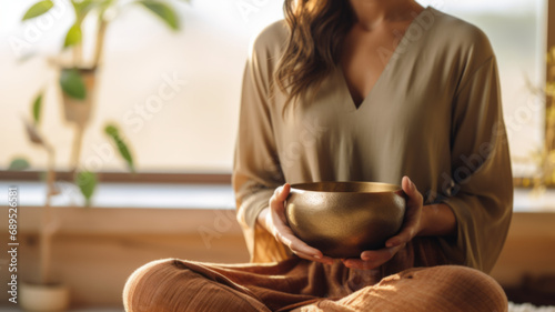 A woman with a Tibetan singing bowl