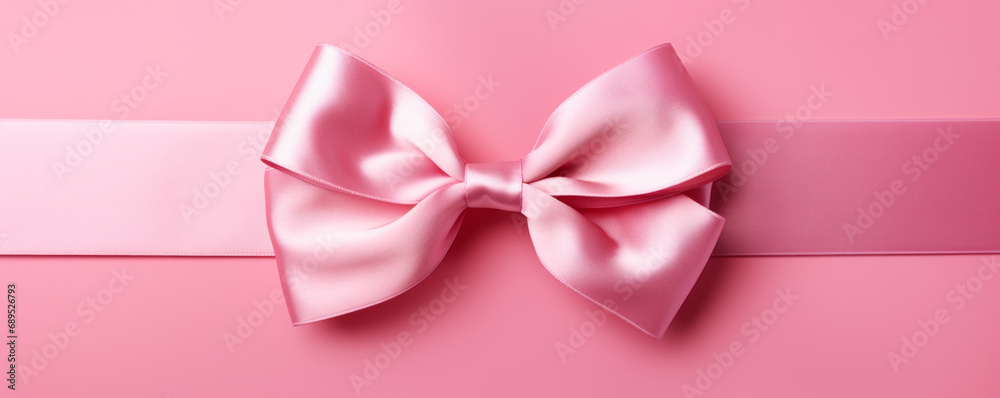 Pink satin gift bow. Ribbon on black background