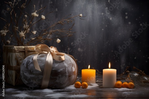 Christmas still life with gift boxes, branches of sea buckthorn and candles on dark background.