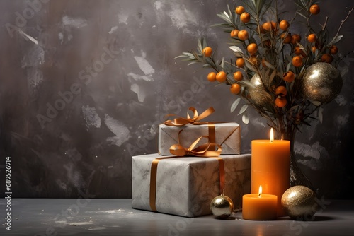 Christmas still life with gift boxes, branches of sea buckthorn and candles on dark background.