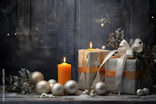Christmas still life with gift boxes, branches of sea buckthorn and candles on dark background.