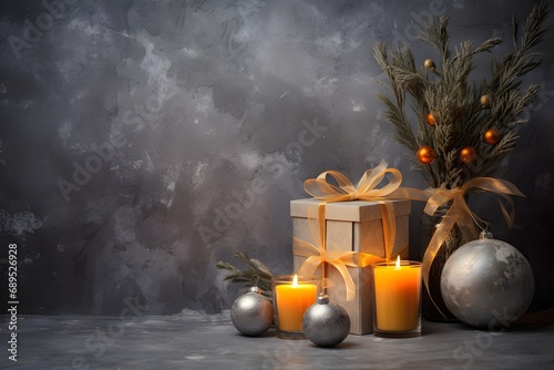 Christmas still life with gift boxes, branches of sea buckthorn and candles on dark background.