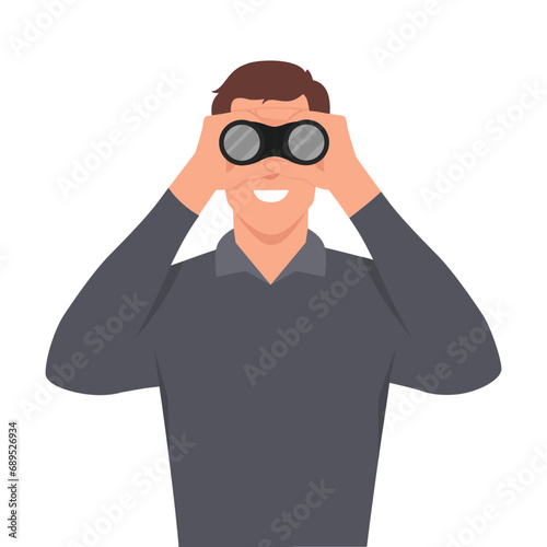 Young businessman character looking through binocular searching for opportunities new business ideas. Flat vector illustration isolated on white background