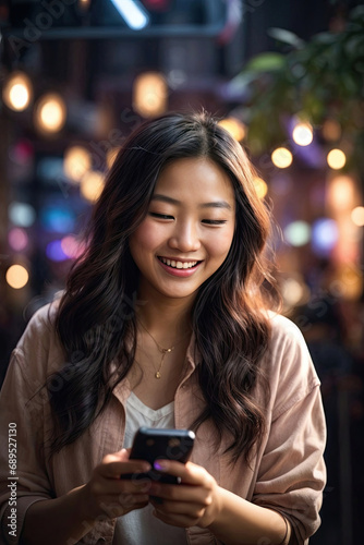 ai generative, beautiful woman is enjoying the excitement of using a cellphone. © Dwi