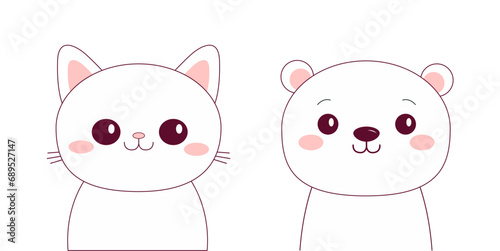 White bear, cat face set. Black contour doodle silhouette. Kawaii animal. Cute cartoon character. Funny baby with eyes, nose, ears pink cheeks. Love Greeting card. Flat design. White background