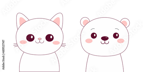 White bear, cat face set. Black contour doodle silhouette. Kawaii animal. Cute cartoon character. Funny baby with eyes, nose, ears pink cheeks. Love Greeting card. Flat design. White background © worldofvector