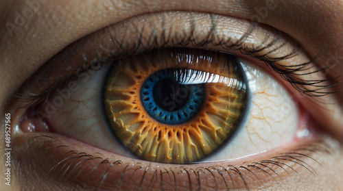 AI generated illustration of a human eye with an orange and blue iris