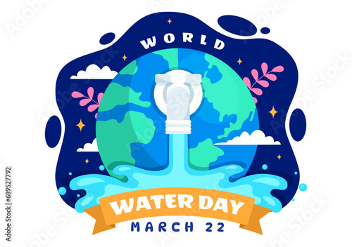 World Water Day Vector Illustration on 22 March with Waterdrop and Taps to Save Earth and Management of Freshwater in Background Design