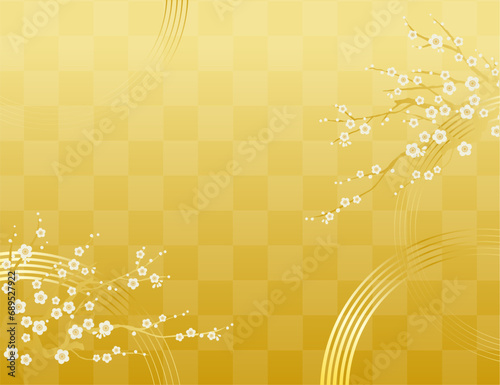梅の花の背景イラスト素材 ベクター 白梅 金背景 市松模様