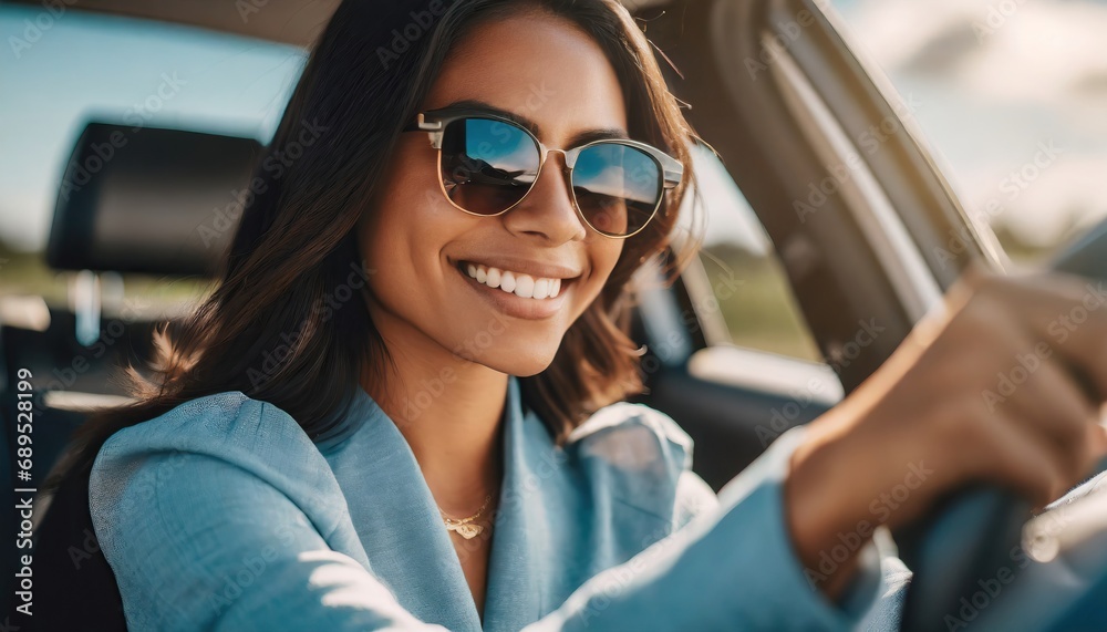 Naklejka premium young adult woman driving a car, smiling joyfully