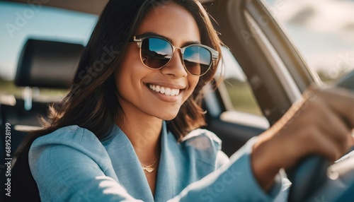 young adult woman driving a car, smiling joyfully
