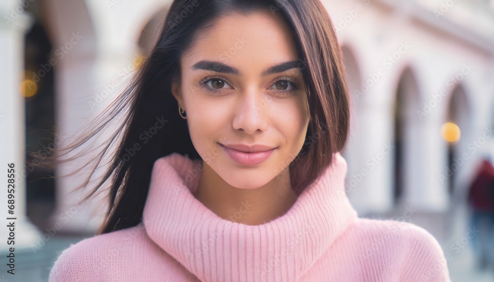 young adult beautiful brunette woman wears a pink pastel style sweater